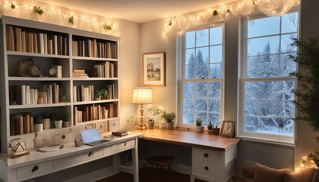 cozy lighting in a cottagecore home office