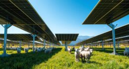 sheep grazing beneath solar panels