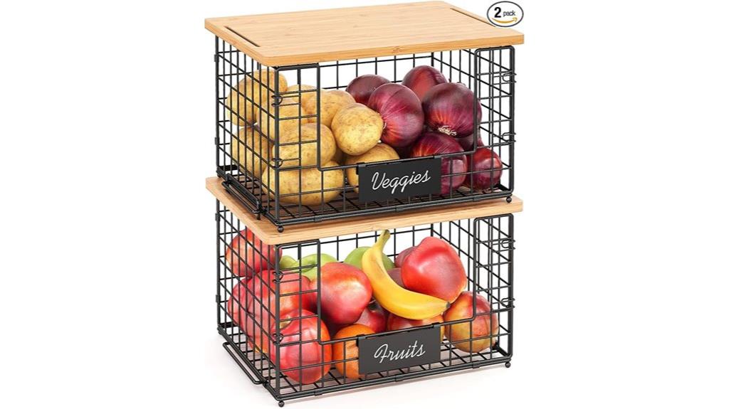 stackable wire baskets with bamboo