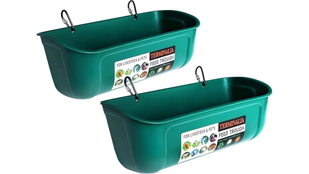 two green chicken feeders
