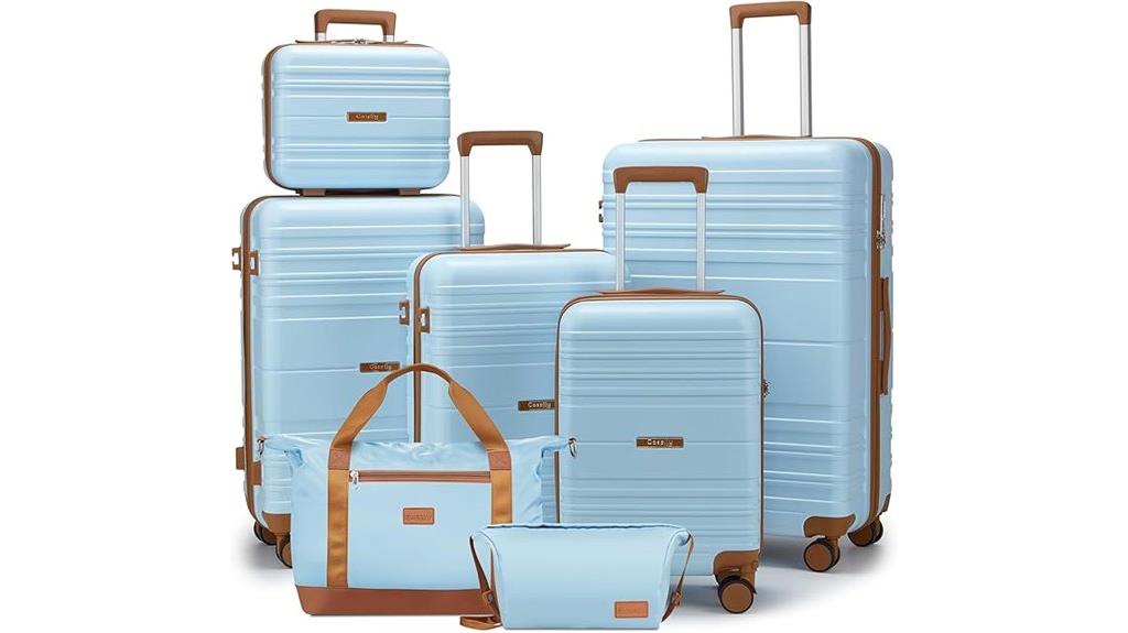 blue 7 piece spinner luggage